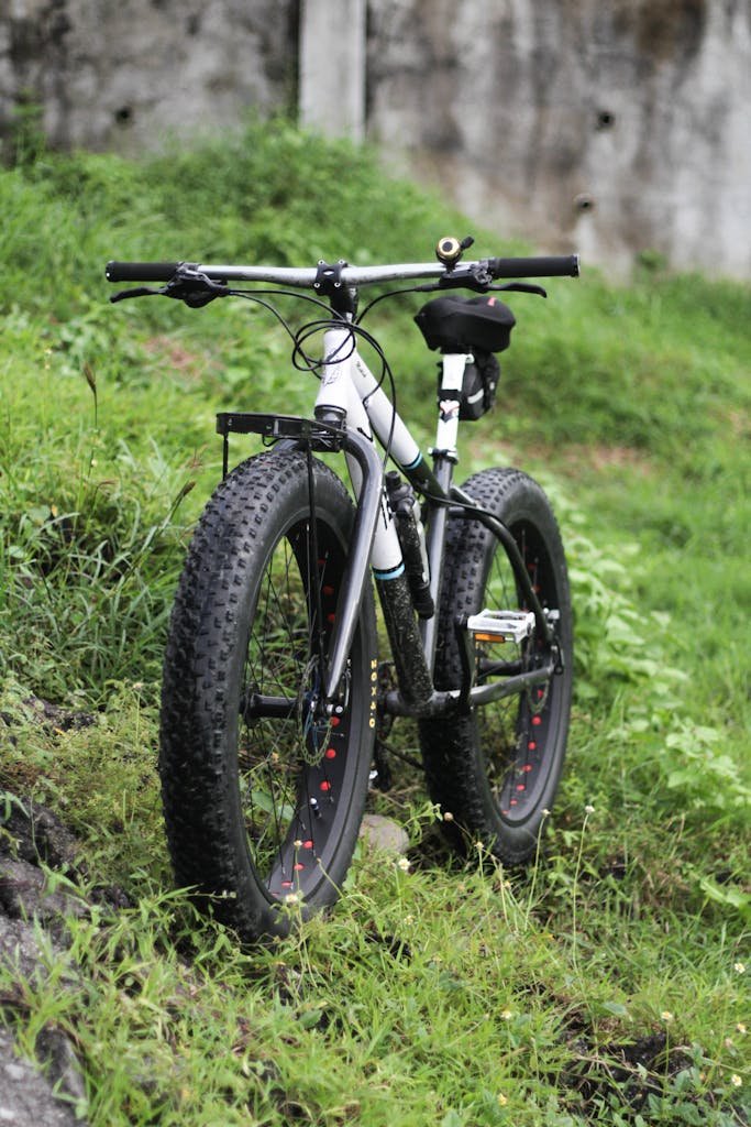 Photo by Dó Castle Mountain fat bike parked on a grassy outdoor trail, ideal for adventure sport enthusiasts.