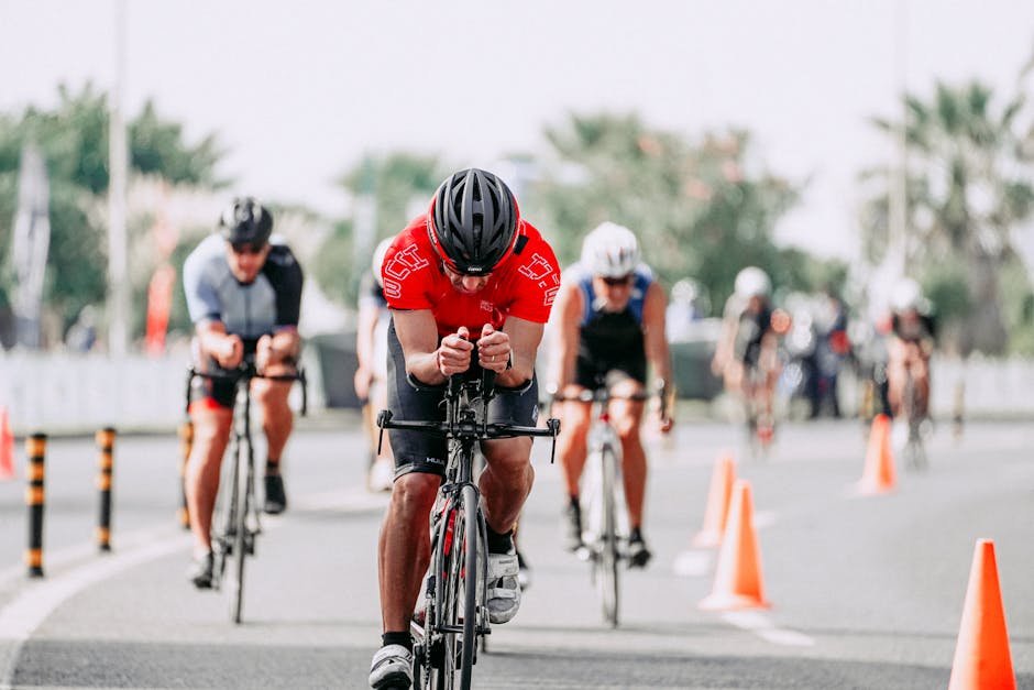 Dynamic shot of cyclists competing in an urban triathlon, showcasing endurance and speed.