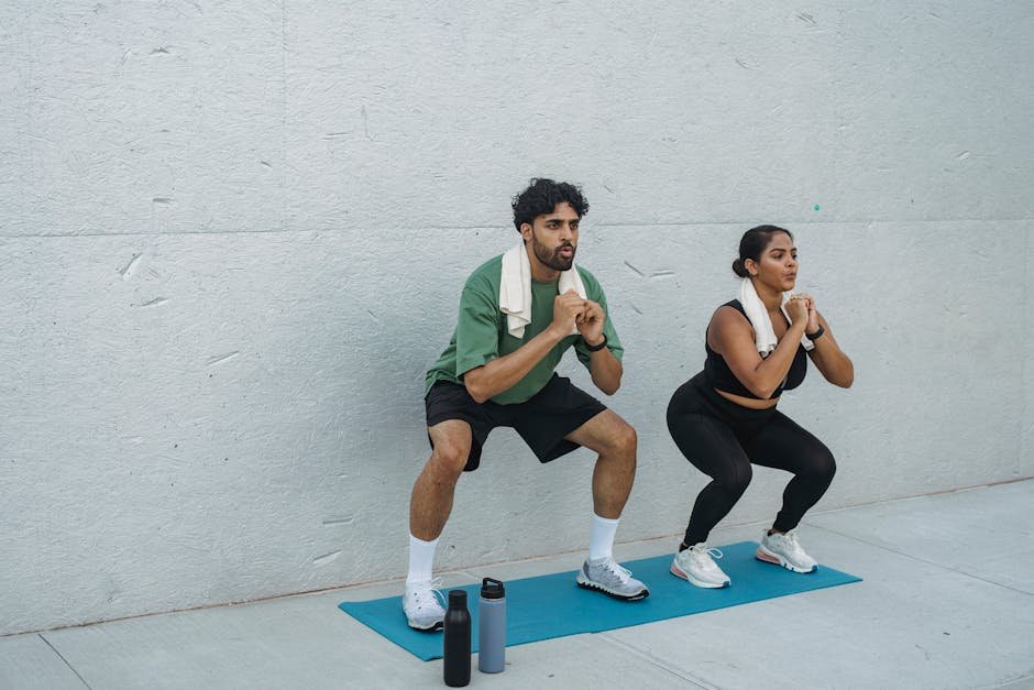pexels-photo-5038850-5038850 Focused couple performing squats outdoors on yoga mat, showcasing teamwork and healthy lifestyle.